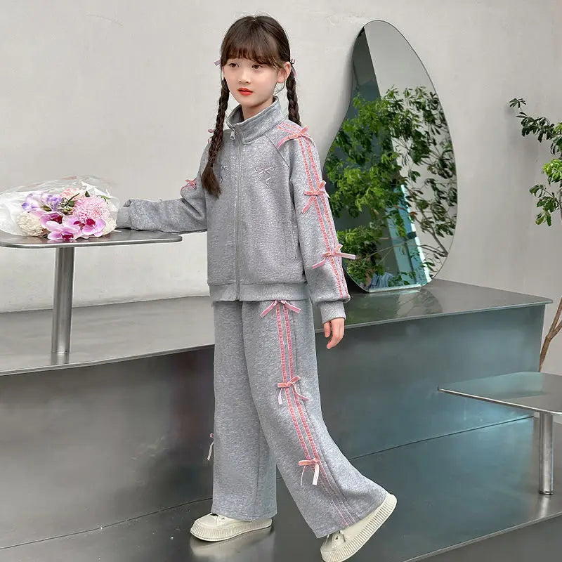 Girls Casual Sets Children Spring Autumn Sports Suits Kids Long-sleeved Jacket+Pants 2Pcs Outfits 2025 Teenager New Bow Clothes