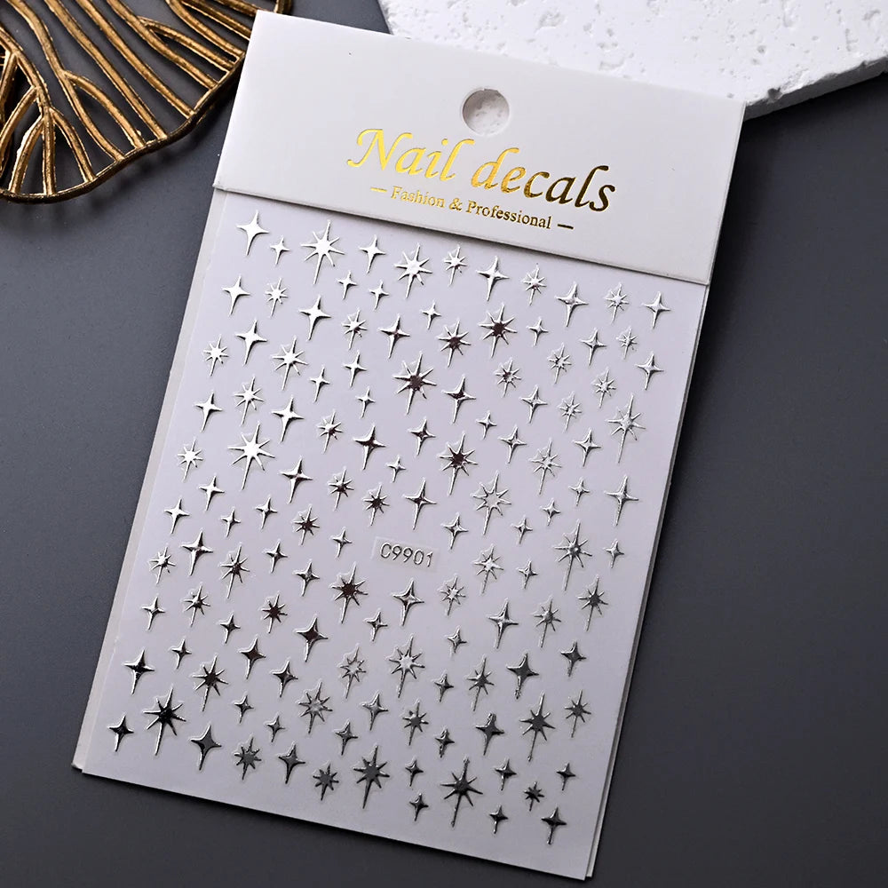 Luxury Diamond Gold Sliver 5D Bronzing Star Nail Sticker Shiny Laser Starlight Nail Decals 8*10cm Self-Adhesive Nail Decorations