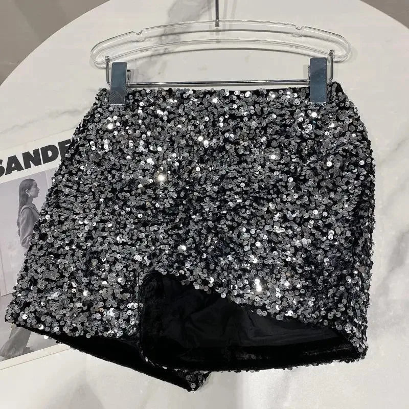 Spring/summer new Spice Girls sequin zipper shorts Slimming suede embroidered beaded casual pants