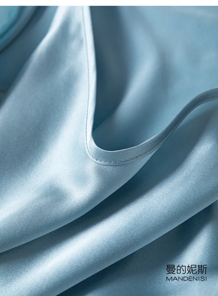 Tcyeek Woman Long Dress, 100%Real Silk, V Neck, Solid Spaghetti Strap Dresses, 2025 Elegant Chic Clothes