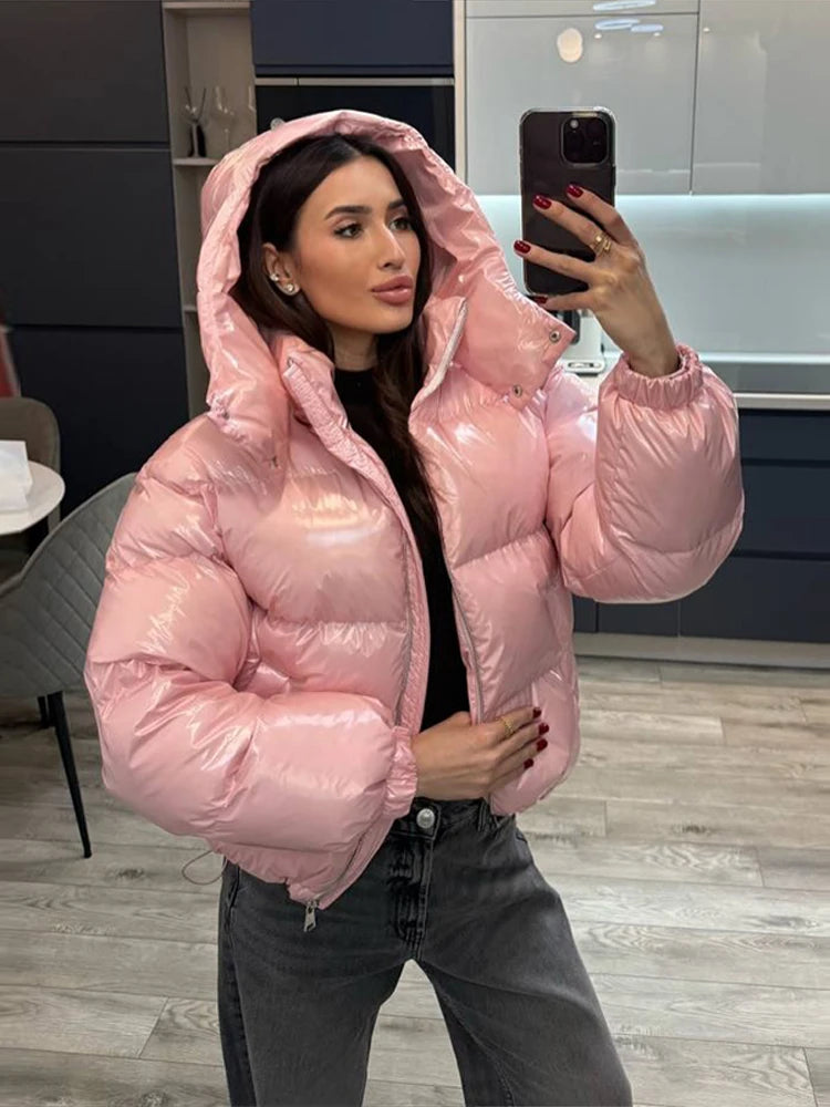 Chic Glossy Zipper Hooded Coat Women's Warm Elastic Waist Pleated Cropped Puffer Jacket 2026 Winter New Lady High Street Outwear