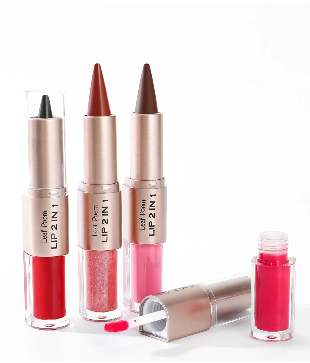 2 In 1 Dark Plum Pink Lip Makeup Matte Outline Lip Liner Mirror Plumping Lip Glaze Waterproof Lip Contour Non Stick Makeup