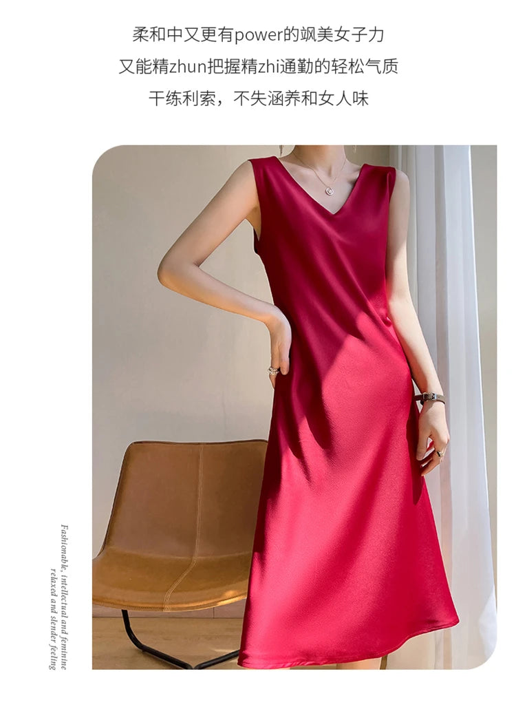 LHZSYY Silk Satin Front/Back V-neck Sling Dress Women's Sleeveless Waistcoat Top Spring Summer New Mulberry Silk Hip Long Skirts