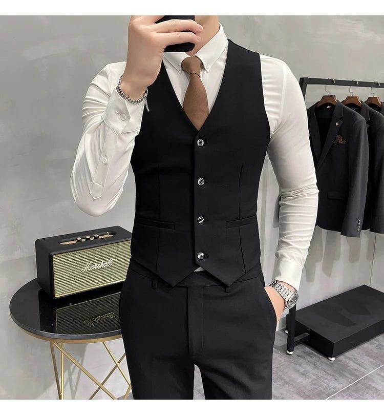 Blazer Vest Pants Men's Navy Blue Suit Set Slim Fit Blazer Vest Pants Formal Outfit for Business Wedding Office Groom Party