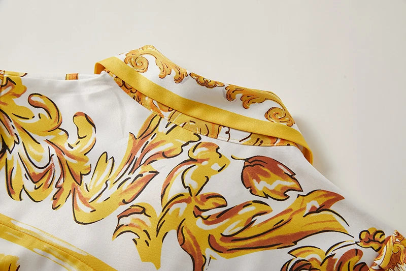 Summer Holiday Yellow Paisley Print Shirt Dresses Women's Turn Down Neck Short Sleeve Belt High Waist Beach Party Vestidos