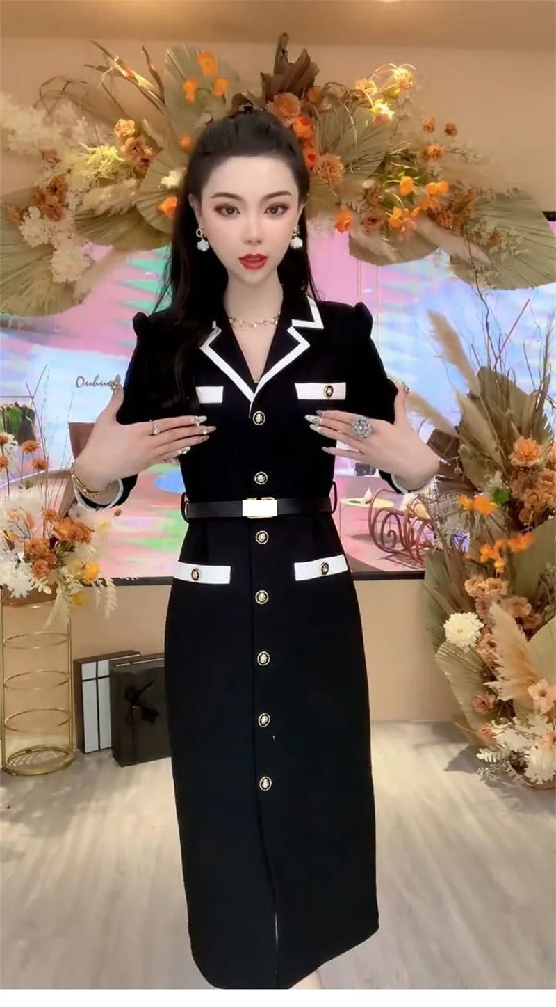 Women Fashionable New Button Decoration Small Fragrant Autumn Long Sleeve Dress Light Luxury High Waist Thin Mid length Dress