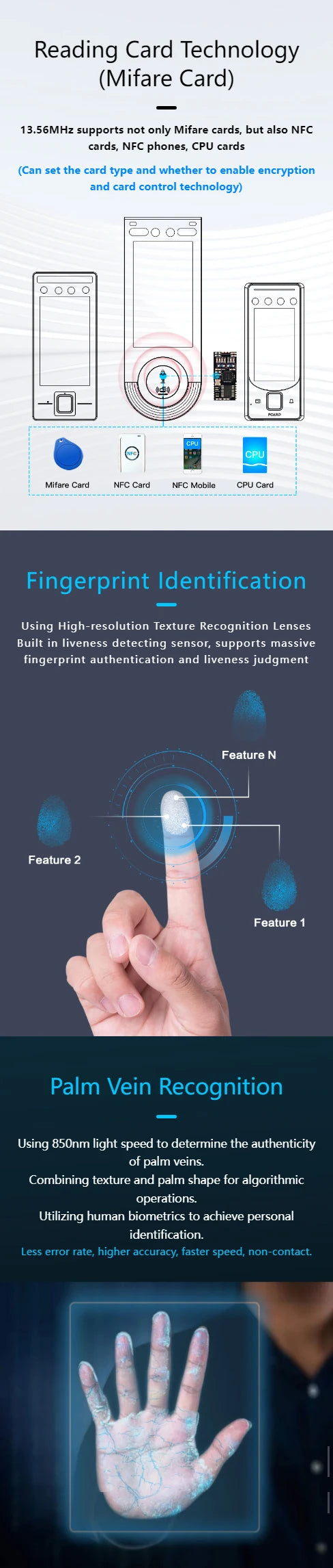 5 Inch 3D Face Recognition Access Control Biometric Fingerprint Palm Vein QR Code RFID Time Attendance Machine WiFi TCP IP