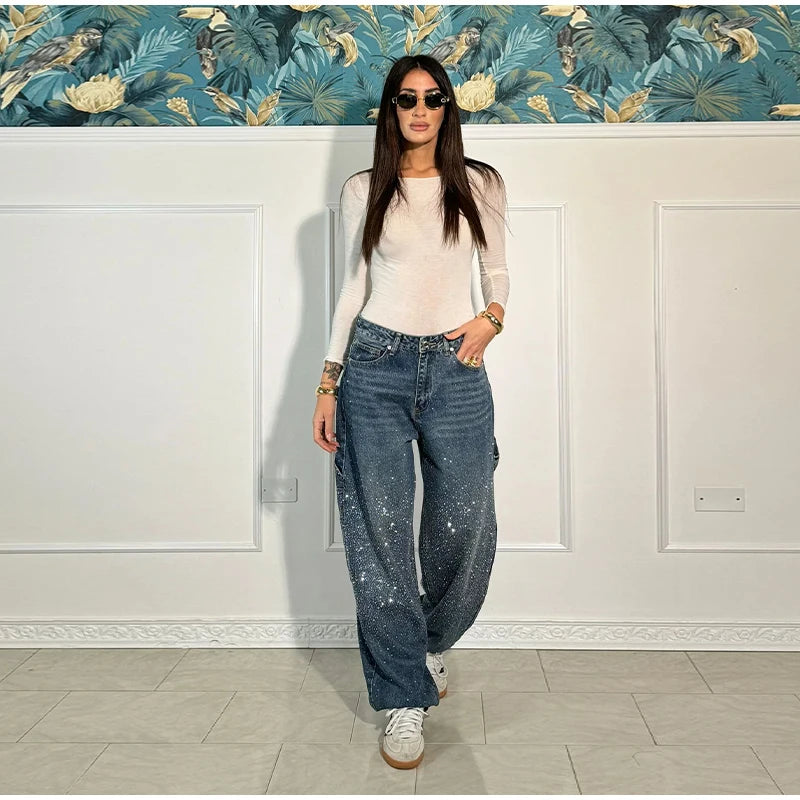Rhinestone Wide Leg Lady Jeans Diamonds Denim Straigt High Waist Zipper Female Pants 2025 Fashion Pockets Street Lady Trouser