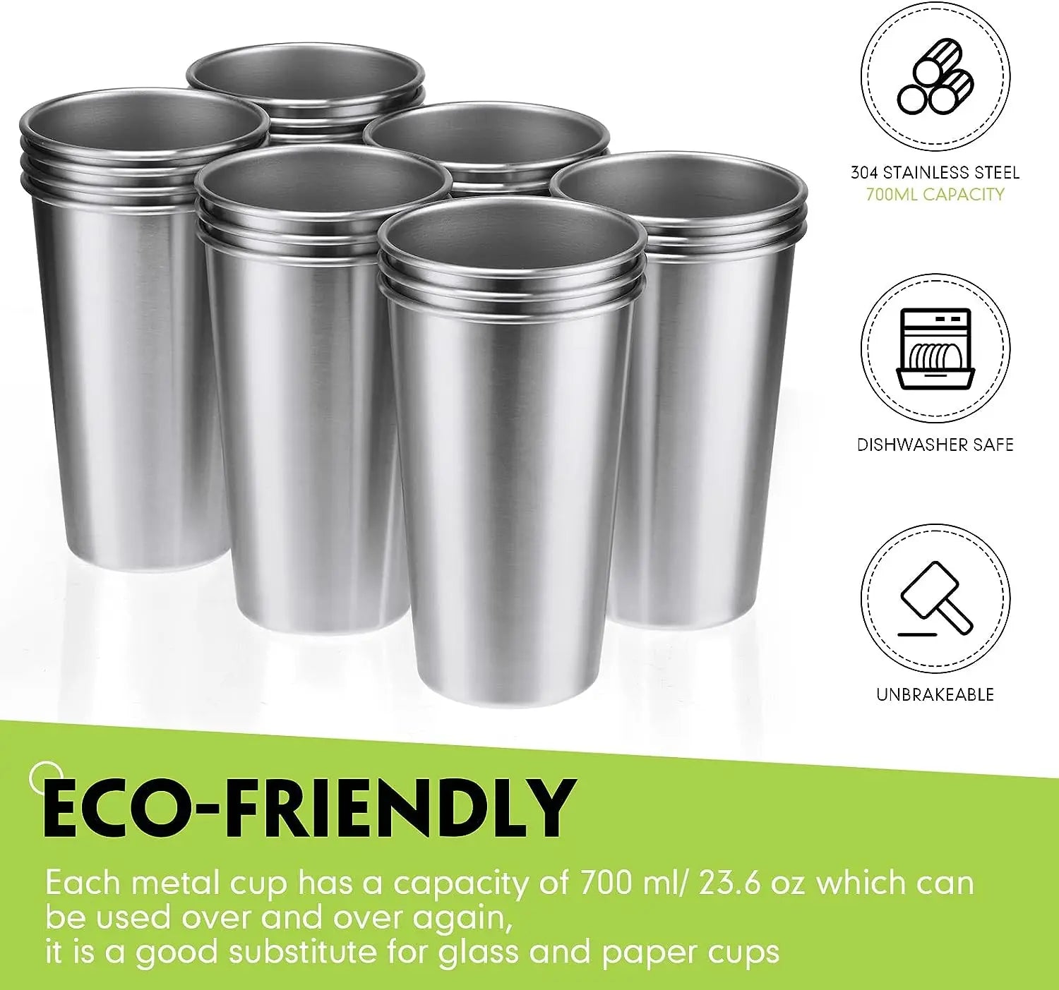 4 Pack 24oz 700ml Stainless Steel Pint Cup,Healthy Unbreakable and Stackable,Metal Drinking Glasses