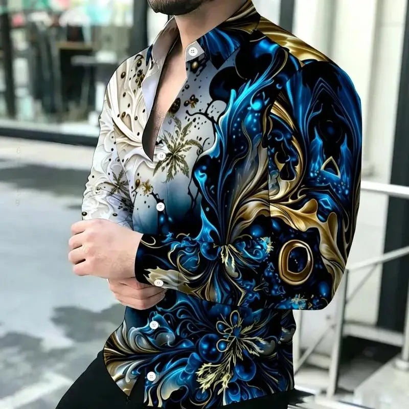 Men Long Sleeve Button Down Shirt Vintage Art Pattern Print Casual Daily Festival Outfit For