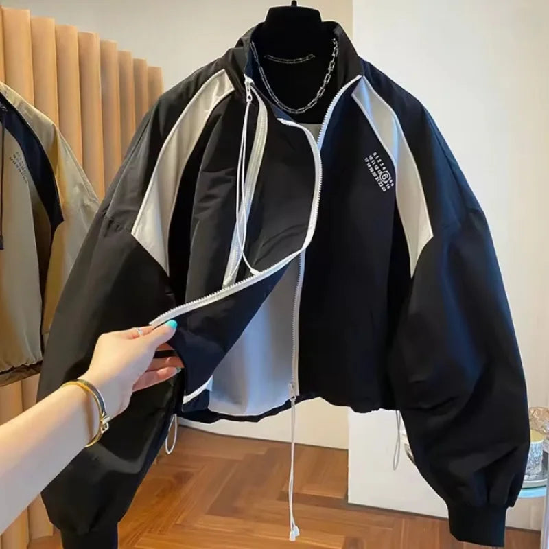 Color-Blocked Loose Casual Stand Up Collar Trench Coat Women's Spring Autumn Patchwork Short Jacket Double Zipper Outwear
