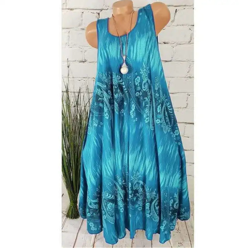 Women Dresses 2026 Summer fashion floral digital printed sleeveless mid calf dresses women's clothing vestidoes