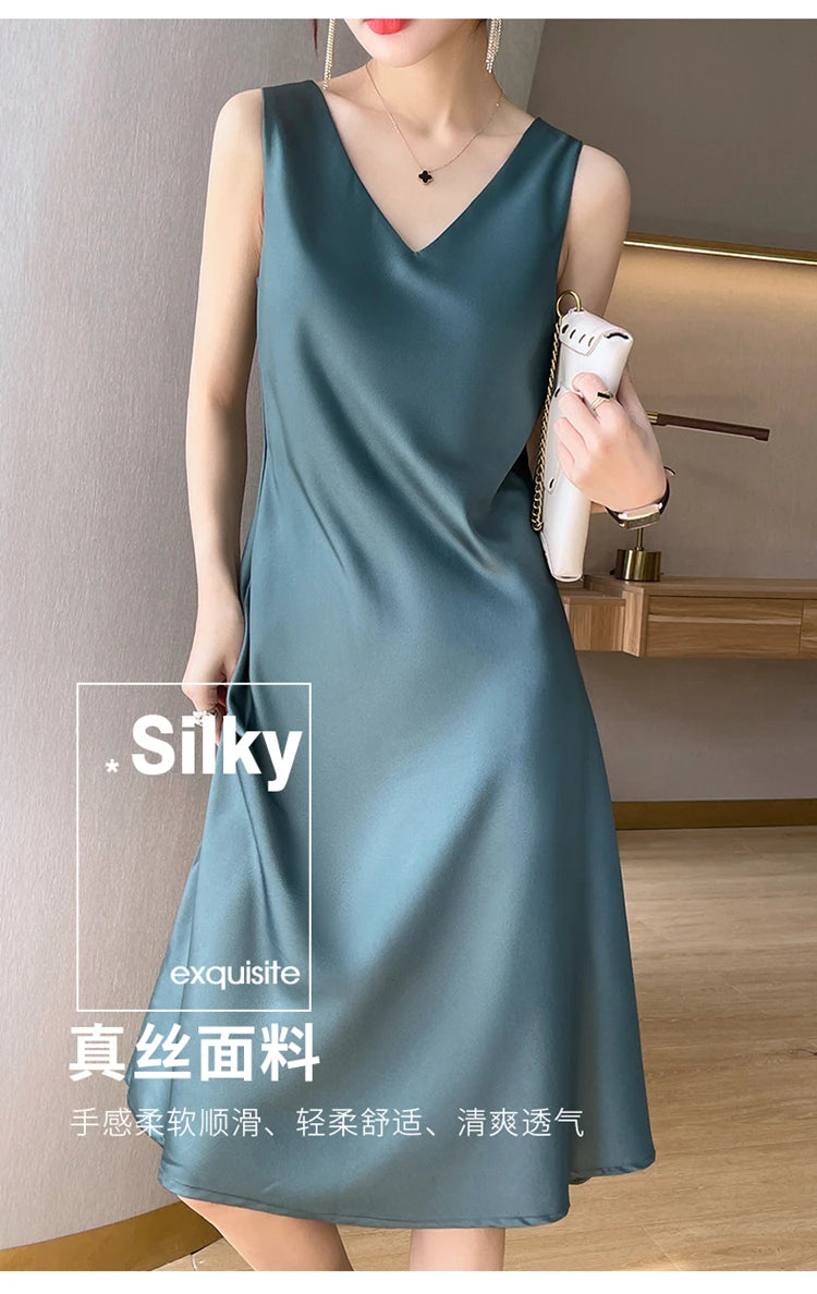 LHZSYY Silk Satin Front/Back V-neck Sling Dress Women's Sleeveless Waistcoat Top Spring Summer New Mulberry Silk Hip Long Skirts