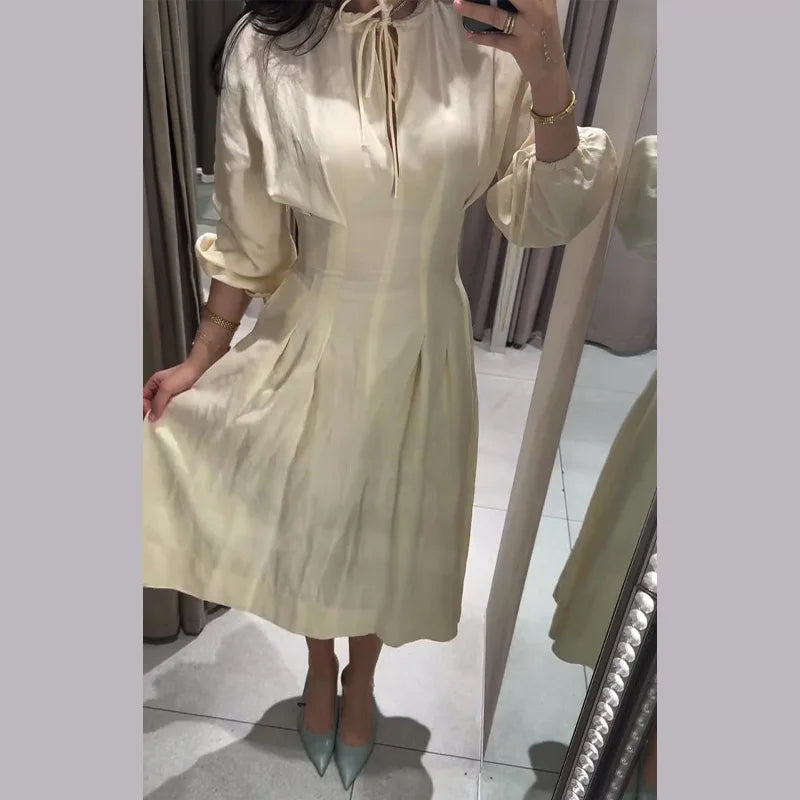 Casual Cotton Midi Dress Women O Neck Lace Up Lantern Sleeves Slim Waist A Line Robe Female 2026 Summer New Chic Solid Dresses