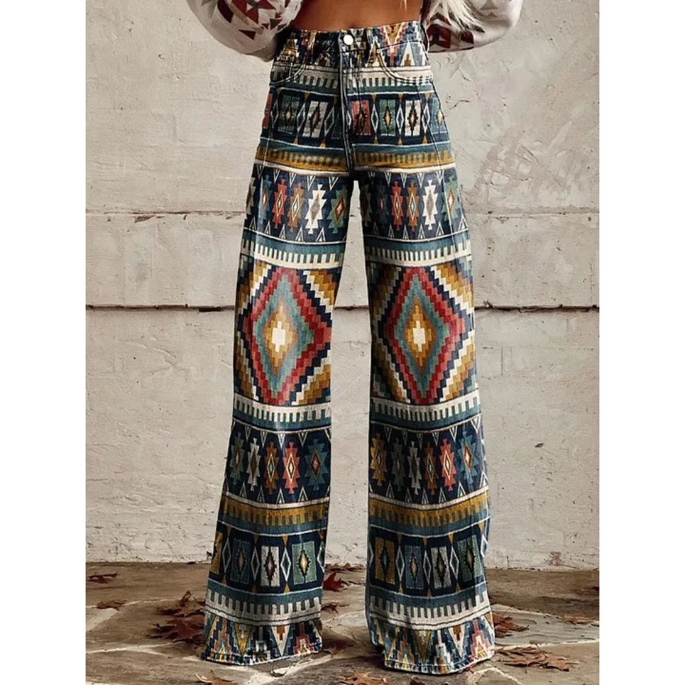 Pink Green Aztec Geometric Print High Waist Wide Leg Pants Cotton Casual Boho Trousers Vintage Women's Western Casual Trousers