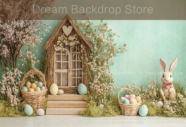 Spring Easter Background Photography Cute Rabbit Carrot Bunny Egg House Backdrop Decor for Kids Birthday Cake Smash Photo Studio