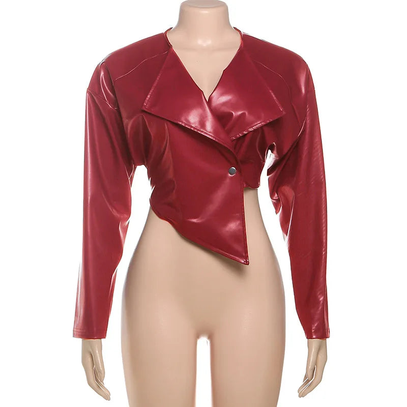 Joskaa 2025 Fall Women's PU Leather Jackets Fashion Solid Lapel Full Sleeve Slim Irregular Crop Coats Outerwear Y2K Streetwear
