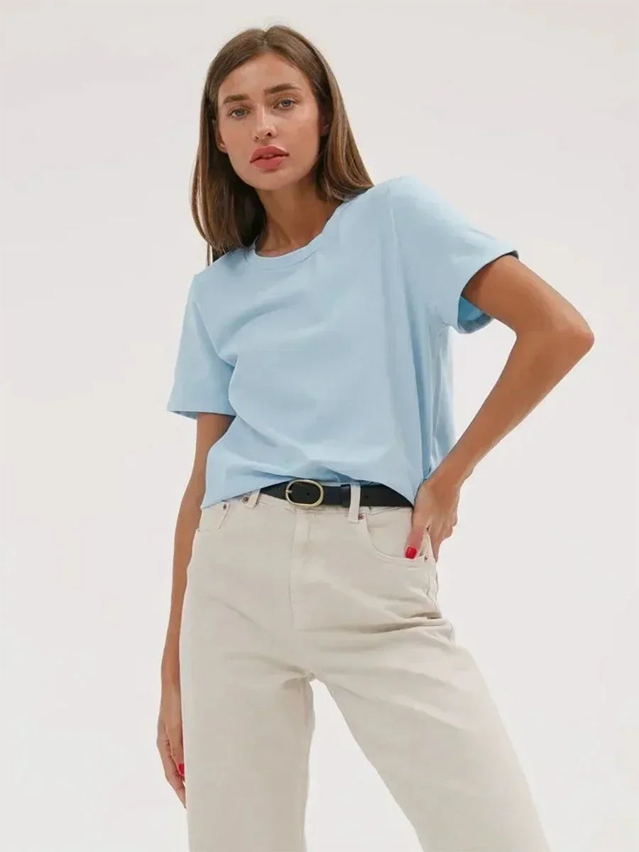 Summer 100% Cotton Women's T-shirt Bottoming Basic Fashionable Lady Short Sleeve Loose Tops Shirts Solid 200g/㎡ Tops