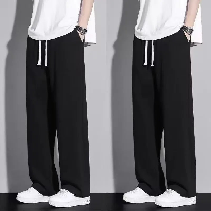 Men's Casual Straight Leg Drawstring Sweatpants Versatile Leisure Long Trousers Student Sports Pants Polyester Fiber Elastic