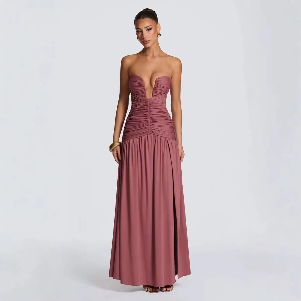 Women Elegant Deep V-neck Pleated Strapless Dress Chic Off-shoulder Backless Split Maxi Dresses 2026 Lady Evening Party Vestidos