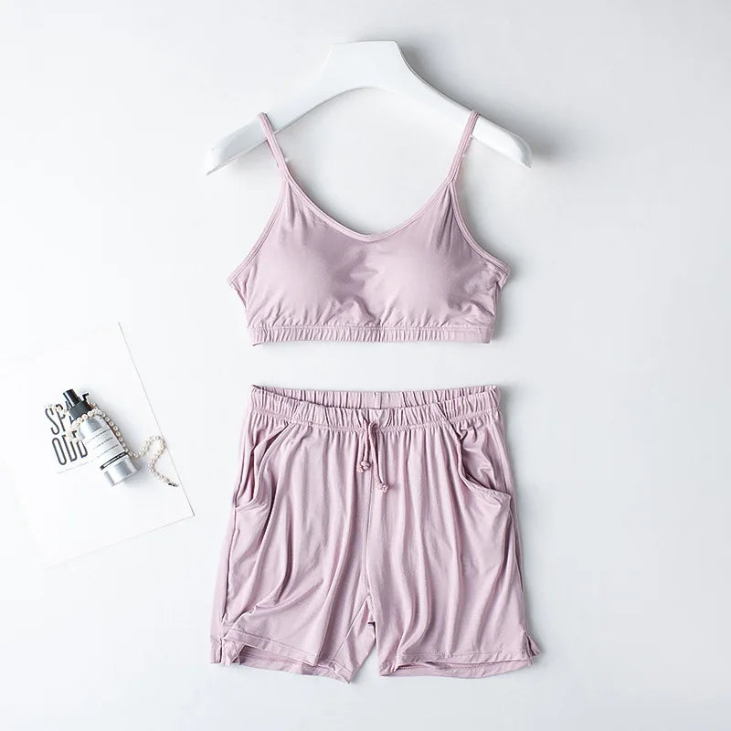 Spring/Summer Ladies Pajamas Sling + Shorts Modal With Chest Pad Solid Color Homewear Set Pajamas Sleepwear Lingerie