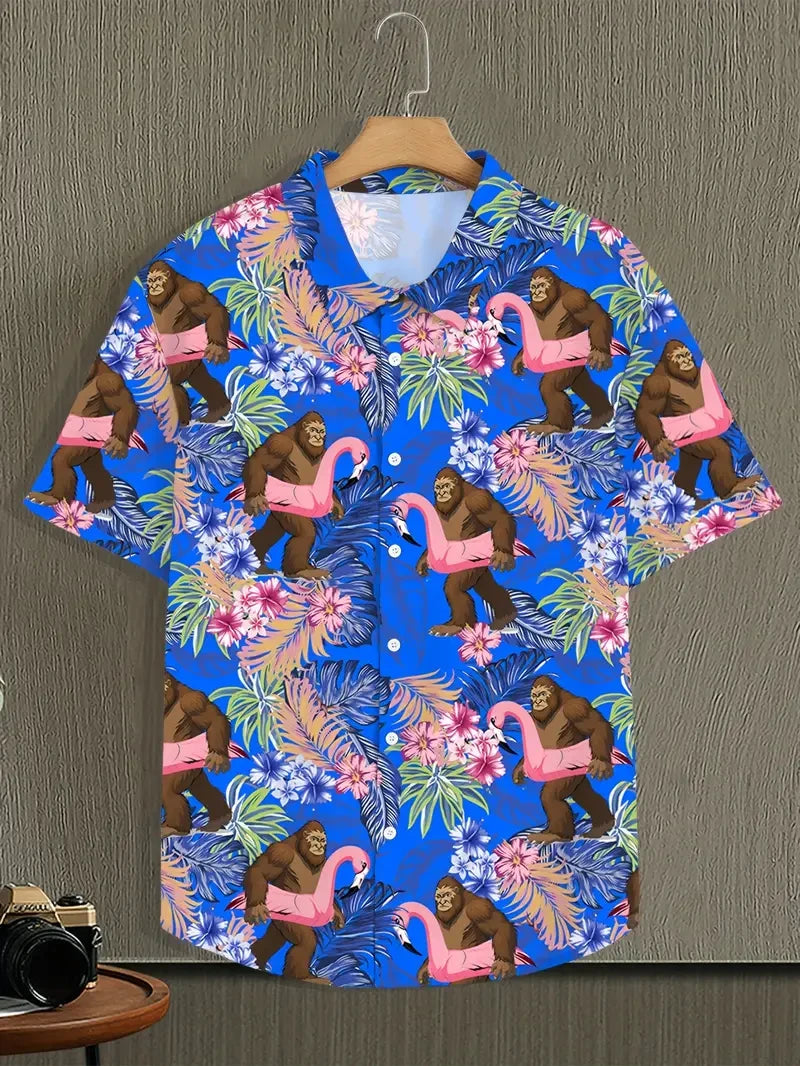 2026 Men's Vocation Lapel Camisa Vacation Hawaiian Shirts Flamingo 3d Print Fashion Unisex Beach Short Sleeve Blouse