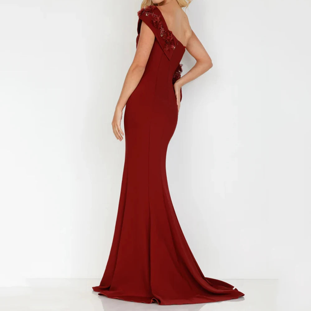 Customized Mermaid Evening Dresses Floor-length One-shoulder Sleeveless Prom Gown Fashion Flowers Sequined Backless Party Gown