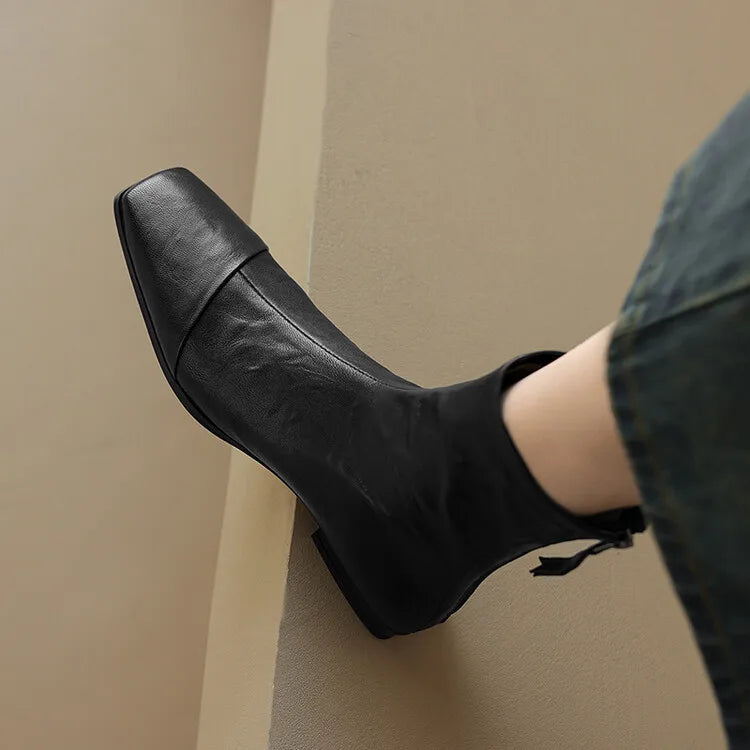 NEW Autumn/Winter Women Boots Square Toe Low Heel Shoes Genuine Leather Shoes for Women Concise Zipper Short Boots Modern Boots