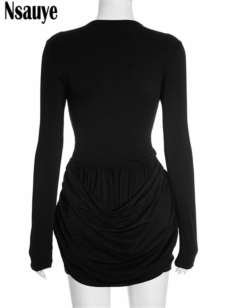 Nsauye Autumn Winter Women 2025 Sexy Night Club Mini Wrap Hollow Out Party Dress Fashion Elegant Evening Short Dress Long Sleeve