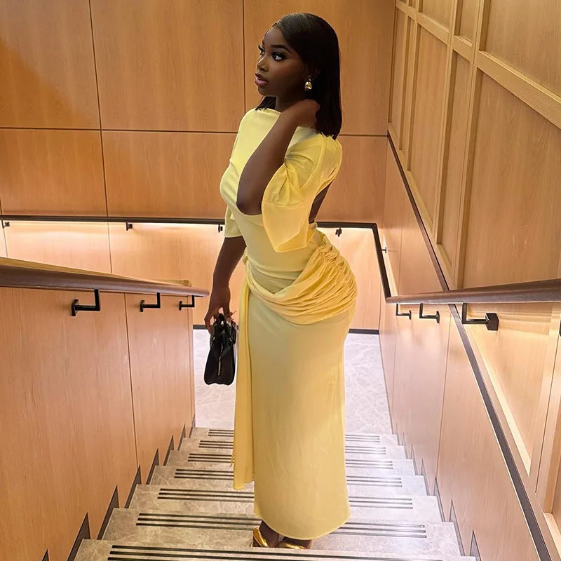 Joskaa Elegant O-Neck Half Sleeve Backless Ruched Slit Bodycon Maxi Dress for Woman 2025 Fall Birthday Evening Vacation Clubwear