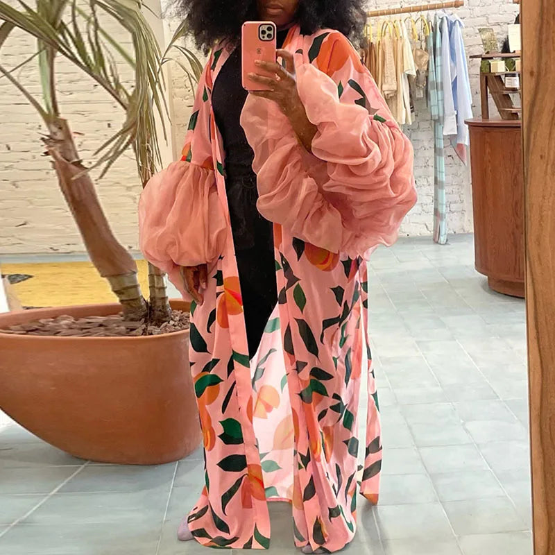Spring Autumn New Women's Coats Fashion Irregular Lantern Sleeve Loose Cardigans Elegant Pattern Printed Beach Cover-up Outwear