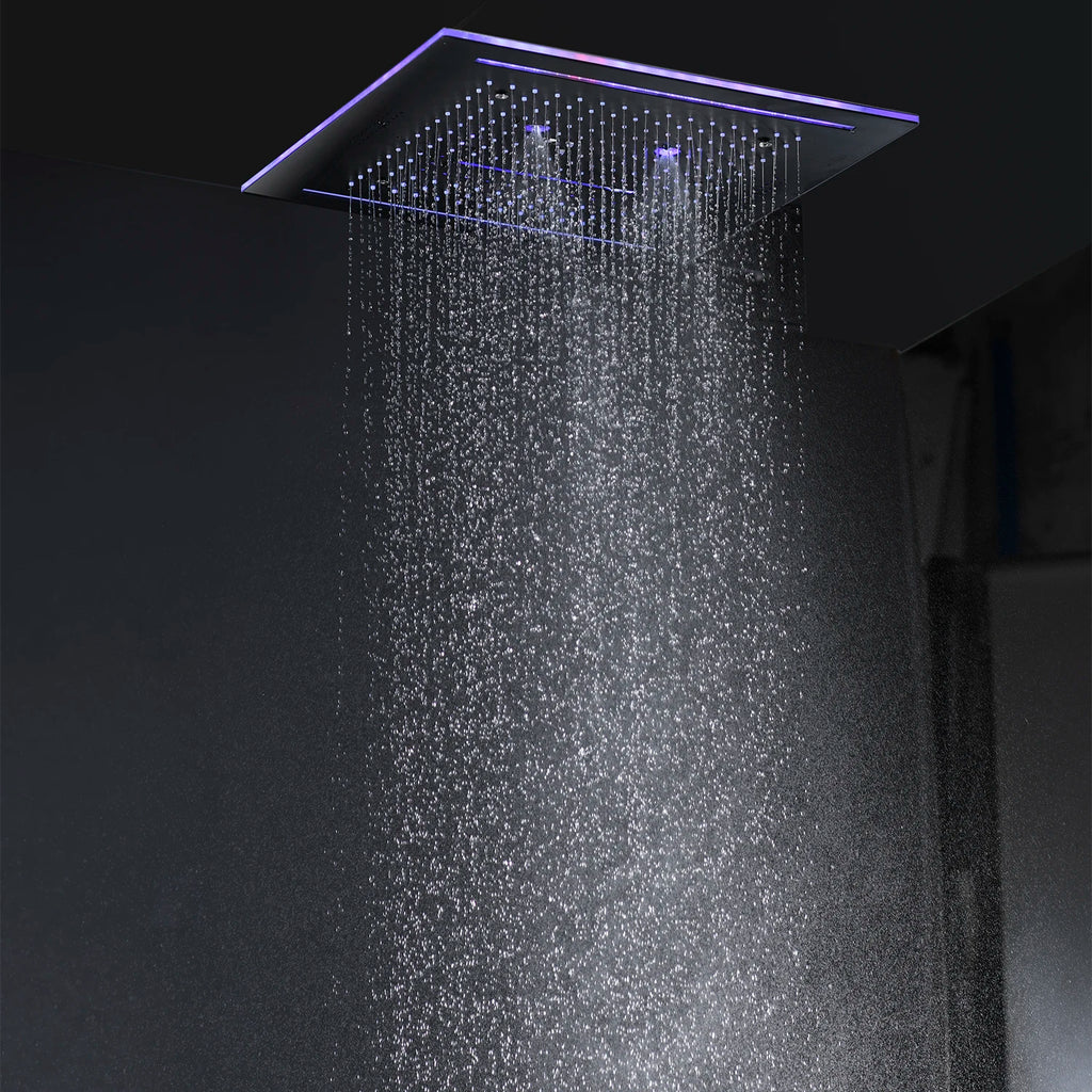 Stainles Steel 304 16inch 40cm Square Bluetooth Music LED Shower Head Panel Set Spray Rainfall Steam Thermostatic Mixer Faucet