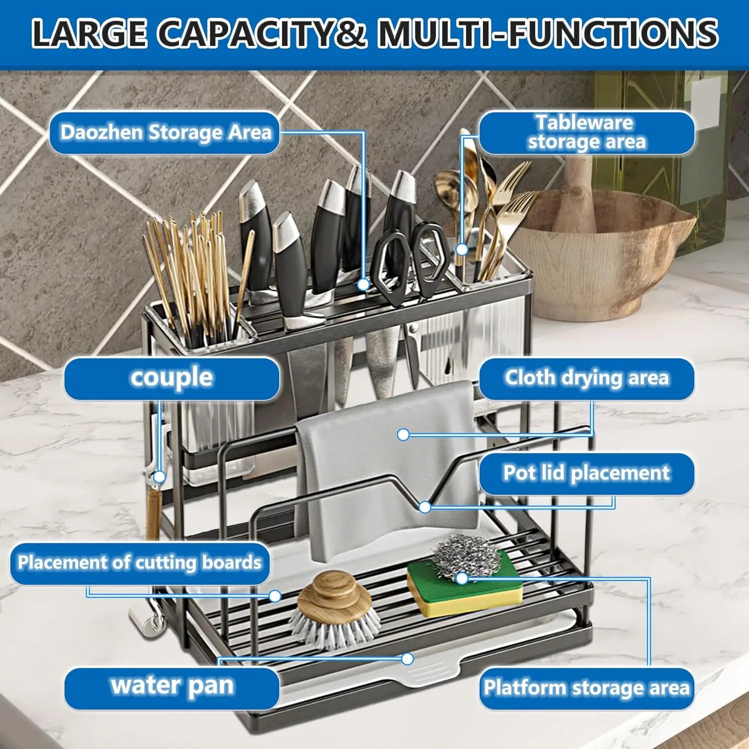 5-in-1 Wall Mounted Kitchen Organizer - Heavy-Duty Stainless Steel Utensil Holder | 20lbs Capacity for Cutting Boards/Knives