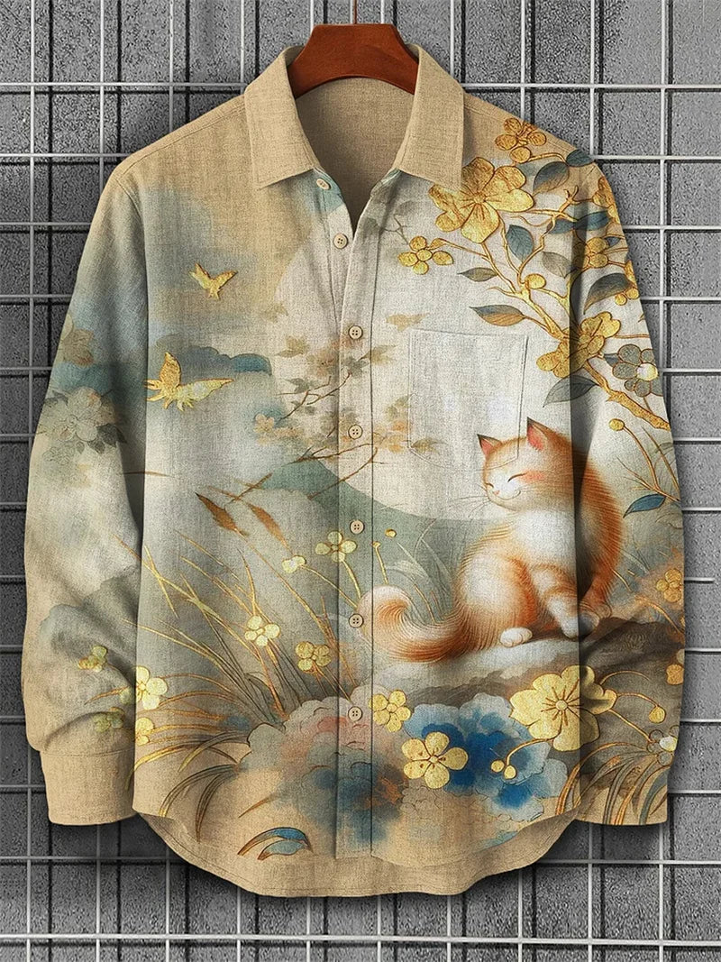 New Men's Linen Long Sleeve Shirt Flower 3D Flower Print Yellow Long Sleeve Lapel Clothing Fashion Designer Casual