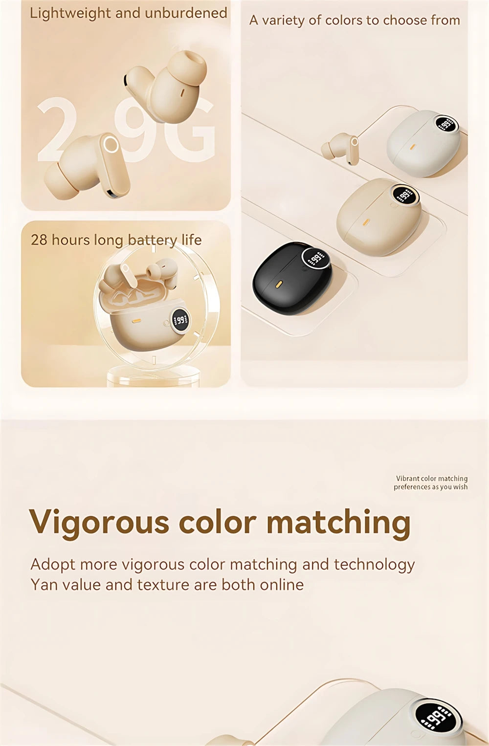 Bluetooth 5.4 Headphones True Wireless In-ear Long Noise Reduction TWS Sports High Sound Quality Digital Display Screen Earplugs