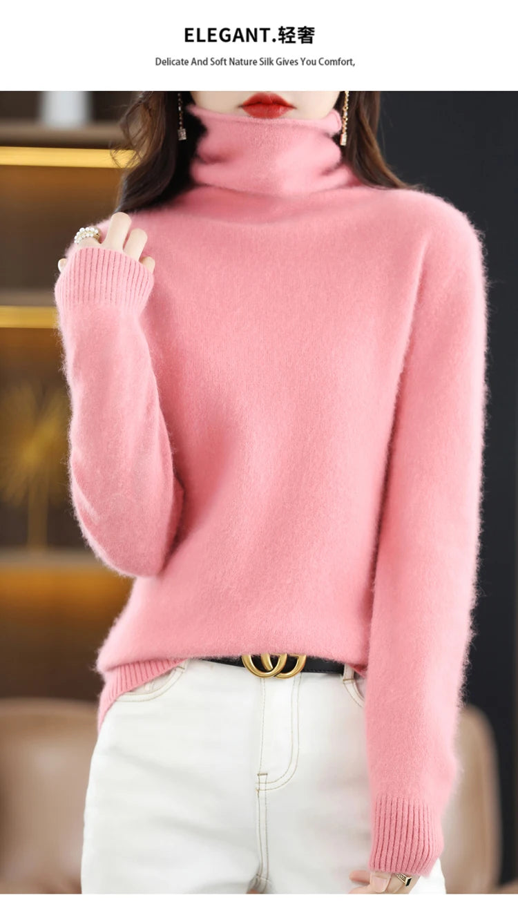Women's Pile Collar 100% Mink Cashmere Sweater Winter High Collar Knitted Pullover Casual Short Thick Tops Loose Warm Base Shirt