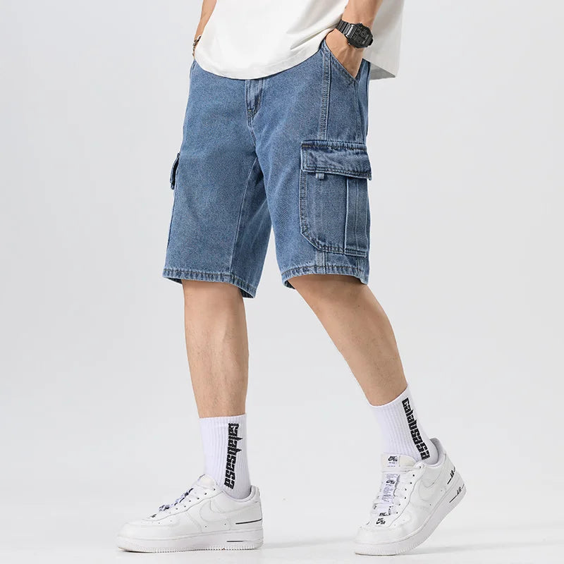 Men's Fashion Cargo Denim Shorts Summer Streetwear Multi-Pocket Casual Knee Length Stretch Five-Point Jeans Shorts Male Trendy