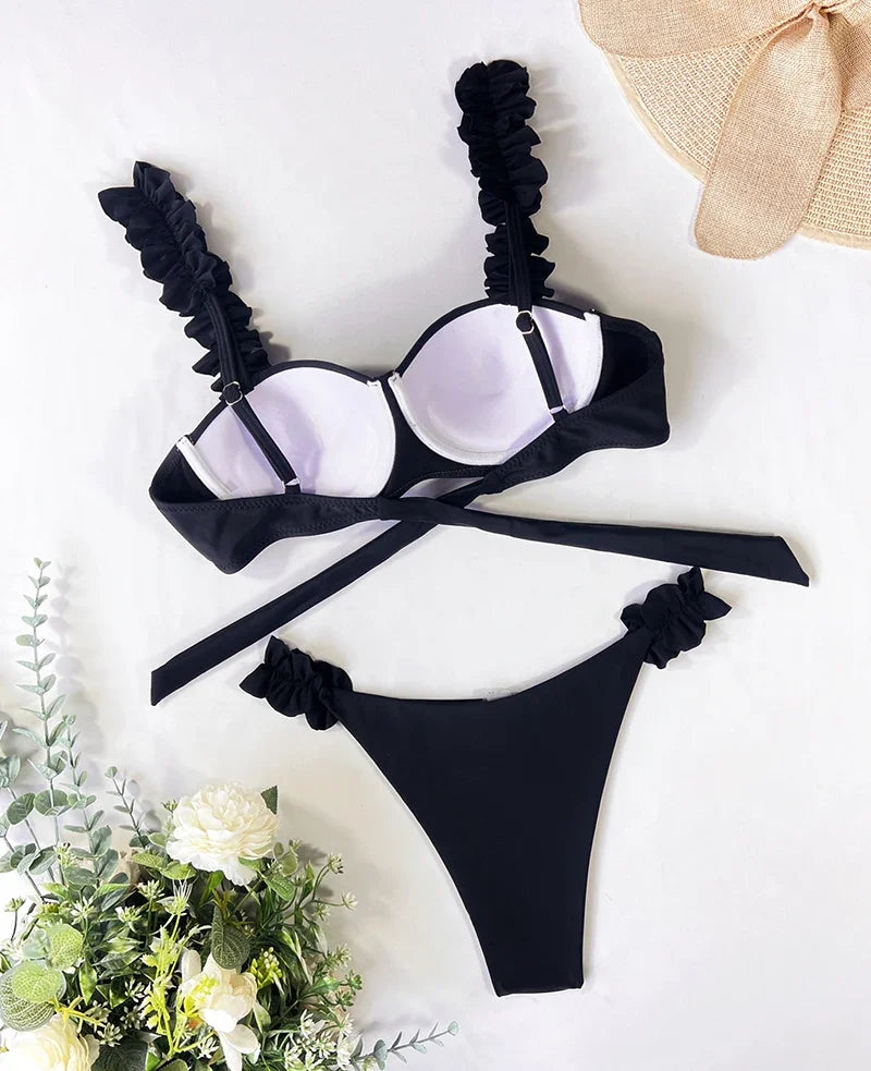 Push Up Bikini Set Women 2026 Swimsuit Sexy Bow Biquini Lace Up Summer Bathing Suit Lady Two Pieces Swimwear Woman Beachwear L