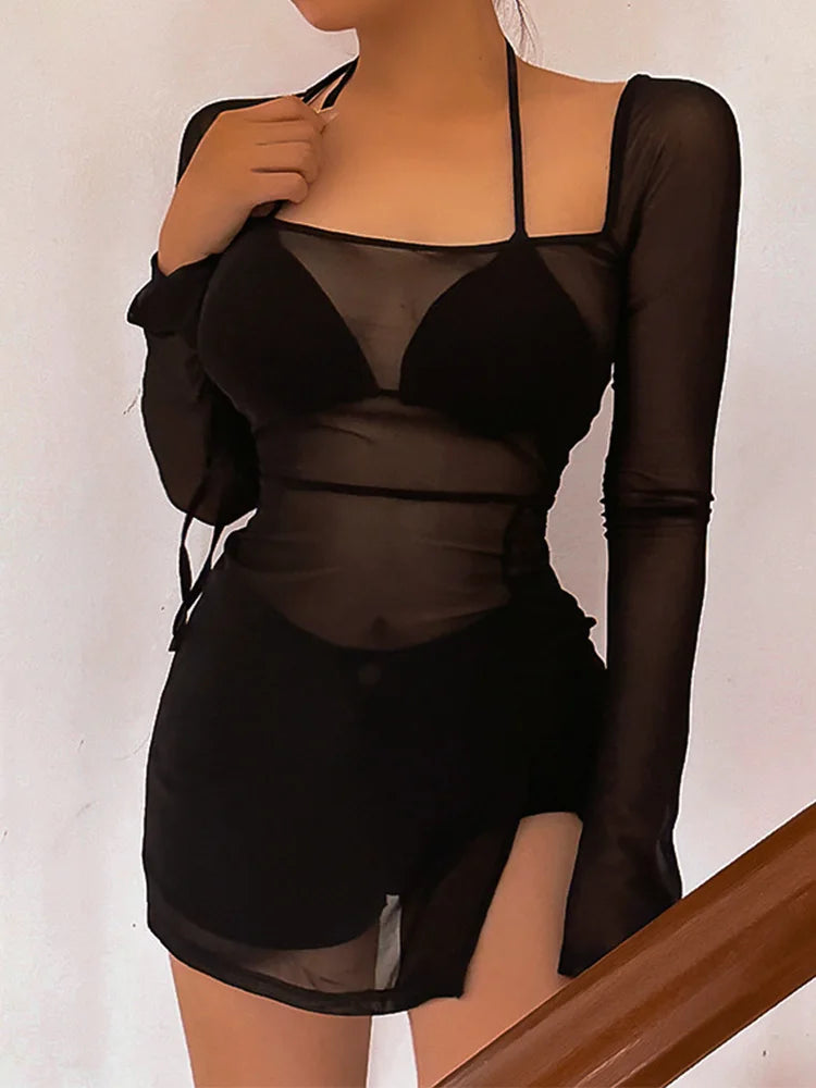 Women's Square Collar Mini Dress Y2K Gauze Long Sleeve Sheer Sexy Night Outfit Clubwear Solid Color