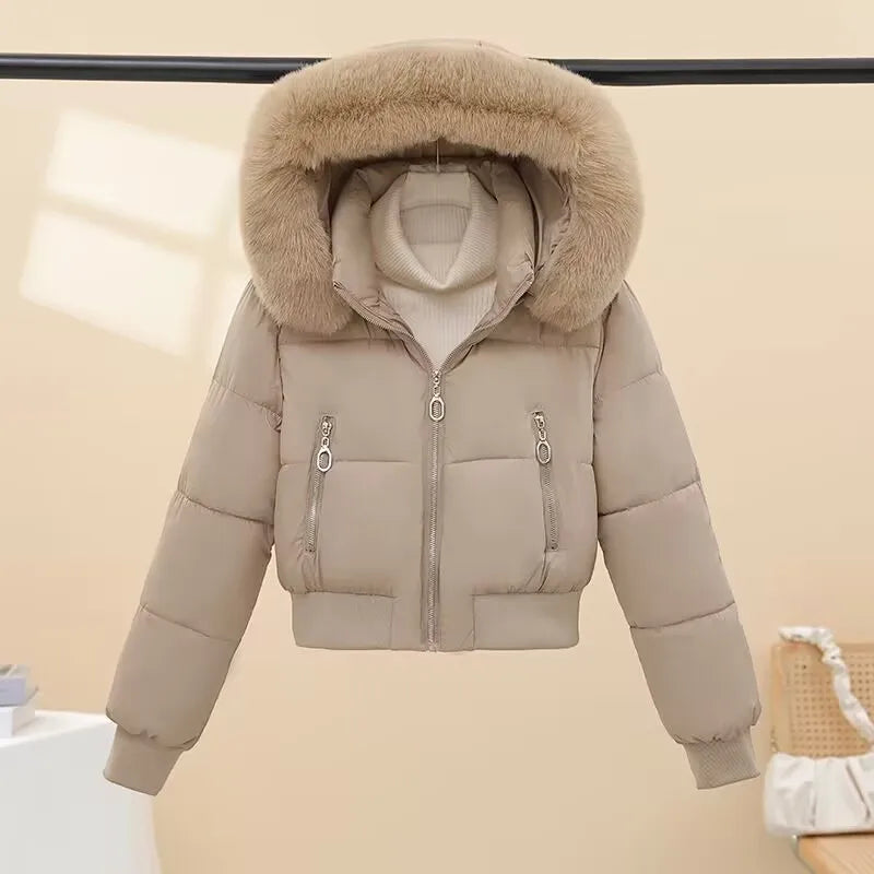 Detachable Women's Faux Fur Hooded Padded Coat Short Thick Warm Winter Trendy Fashion Cozy Soft Chic New Outerwear Coats