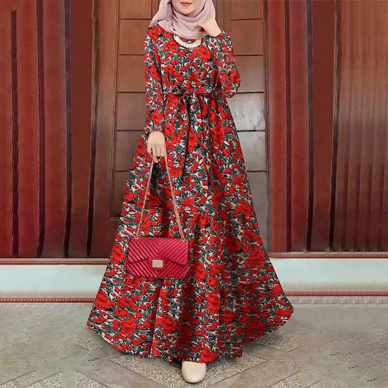2025 New Muslim Robe Dress Fashion Retro Robe Femme Musulman Printed Long Sleeve Women's Dress