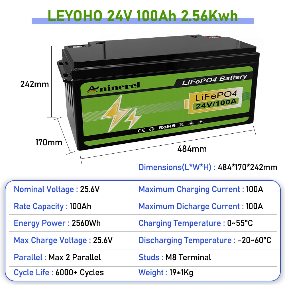 Aninerel  24V 100Ah 2560Wh Lithium LiFePO4 Battery with 100A BMS Perfect for RV Golf Cart Solar Power System Trolling Motor