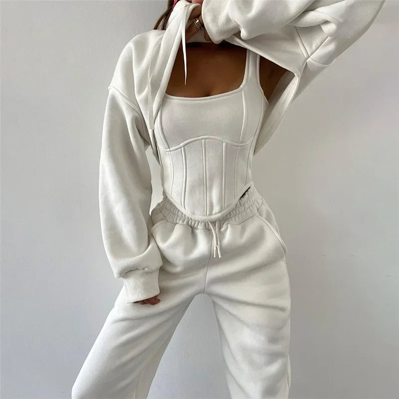 Y2K Sexy Sportswear Women's 3 Piece Set Long Sleeved Hooded Cardigan+slim Fit Strapless Vest+straight Leg Wide Pants
