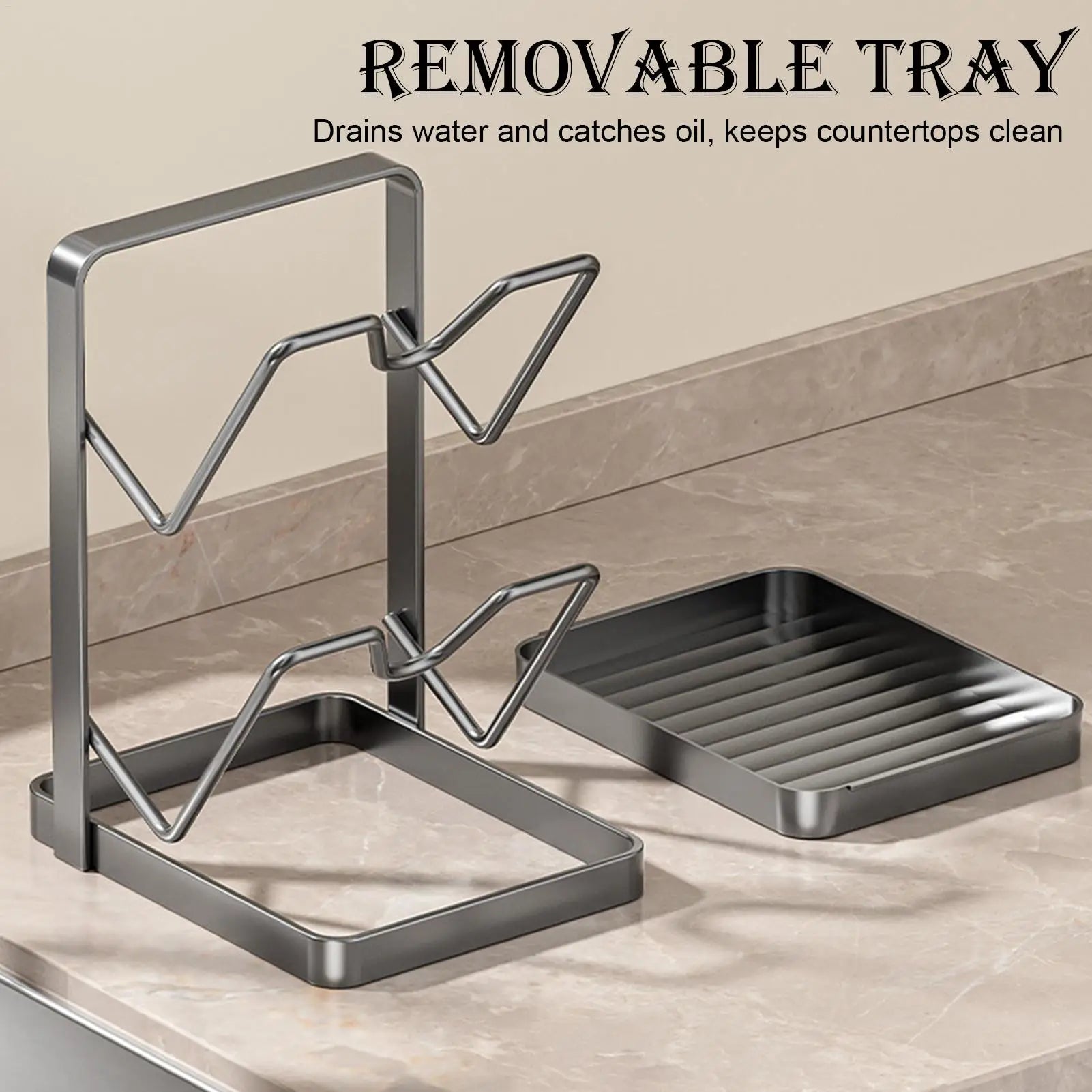 Kitchen Pot Lid Rack No Drill Pot Lid Organizer Kitchen Space Saving Countertop Organizer Rack with Drainage Tray Storage Rack