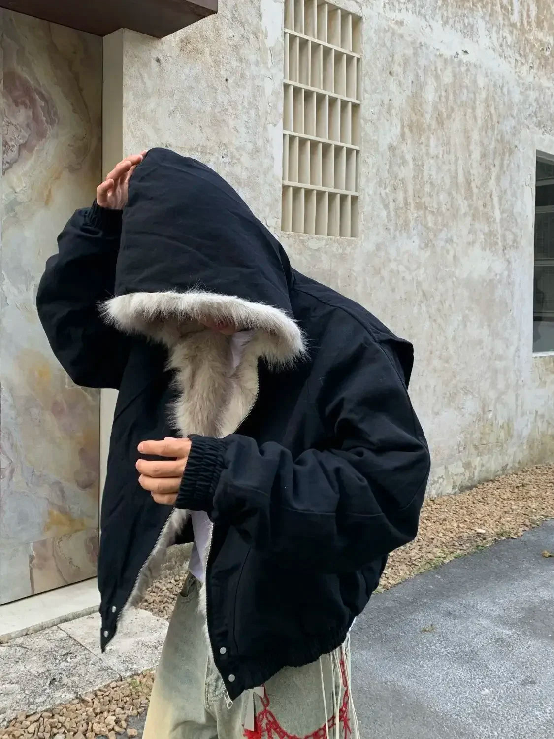 winter retro american woolen collar hooded cotton jacket thick plush top men street hip hop gothic harajuku oversize jacket coat