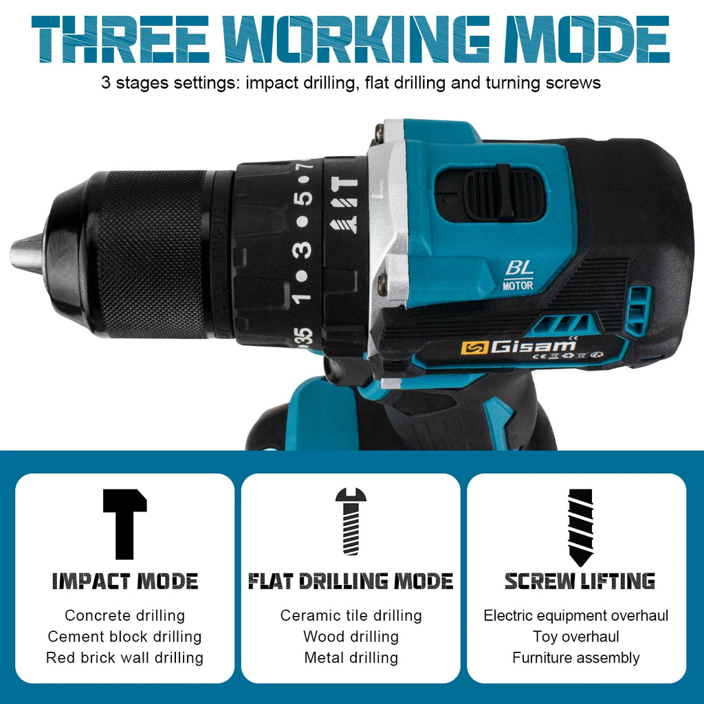 Gisam 13mm 35+3 Torque Brushless Electric Impact Drill Cordless Drill Electric Screwdriver Power Tool For Makita 18V Battery Pin
