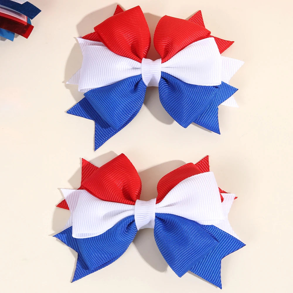 2Pcs USA Flag Bow Hair Clip Ribbon Patriotic American Flag Design Red White Blue Bow Barrettes For 4th Of July Party Accessories