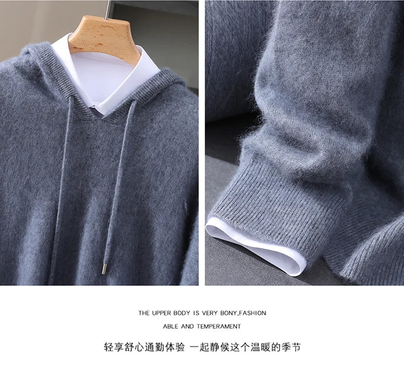 2025 Autumn Winter Hooded Collar Mink Cashmere Knitted Sweater Men's Drawstring Pullover High-End Thick Casual Sweater Loose Fit