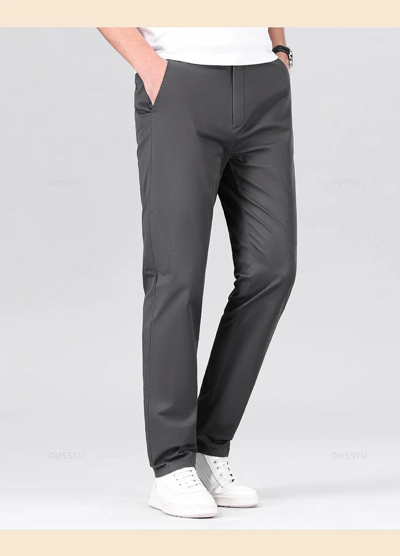 High Quality 97% Cotton Men's Straight Pants Business Solid Color Khaki Light gray Casual Formal Suit Trousers Plus Size 40 42