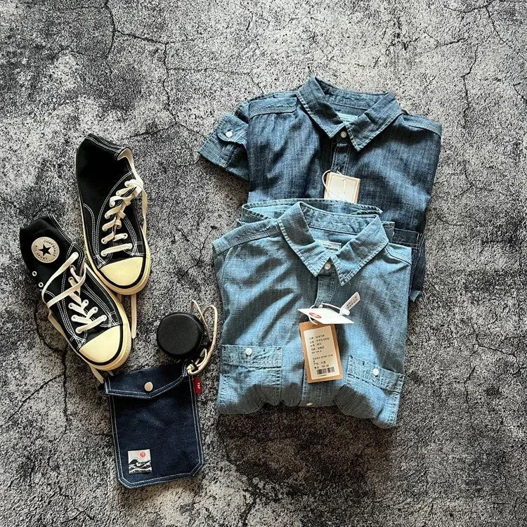 Japan Retro Bamboo Yarn Denim Casual Shirt Cool Hong Kong Style Long Sleeve Loose Spring Autumn 100% Cotton Washed Workwear Tops